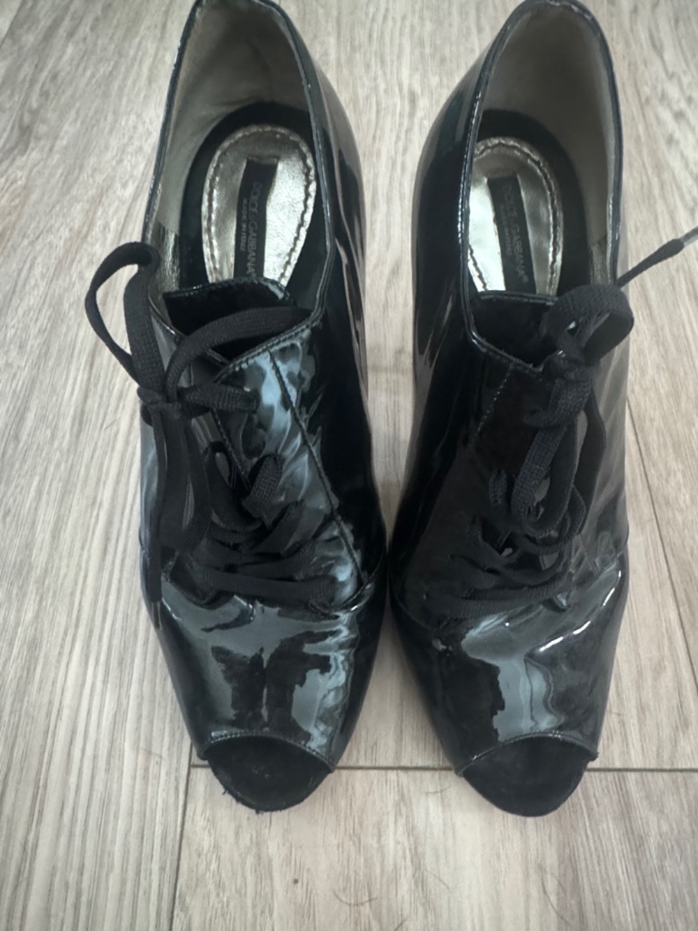 Dolce & Gabbana Black Patent Lace-Up Peep Toe Heels